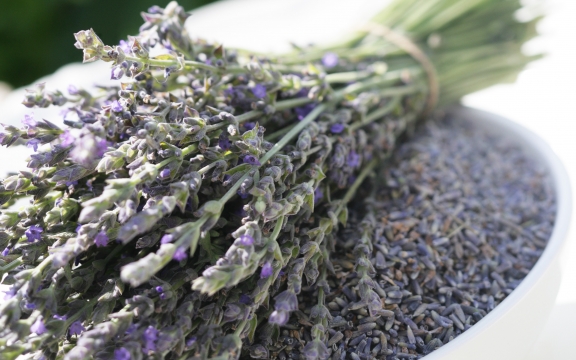 You can almost smell this large bouquet of lavender, tied with string, laying across a bowl filled with lavender petals.