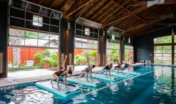 Floating yoga in the pool barn