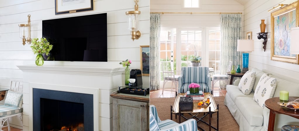 A collage of two photos showing a living room with a fireplace, TV, and seating area.