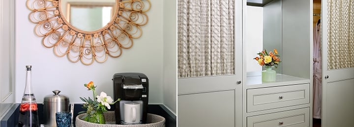 A wide view of a hotel room's amenities, including a coffee maker, flowers, and a mirror.