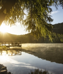 sunrise over yoga dock at Lake Austin Spa Resort