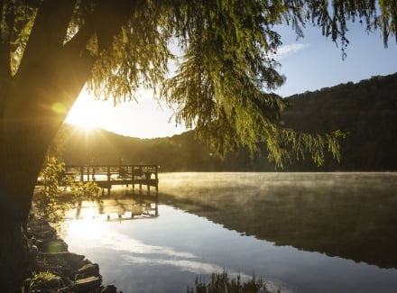 sunrise over yoga dock at Lake Austin Spa Resort