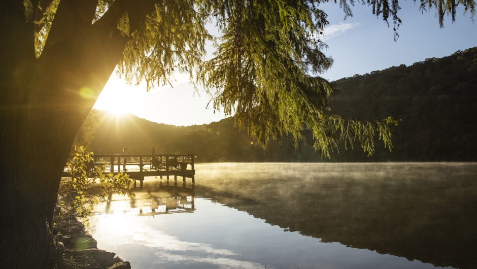 sunrise over yoga dock at Lake Austin Spa Resort