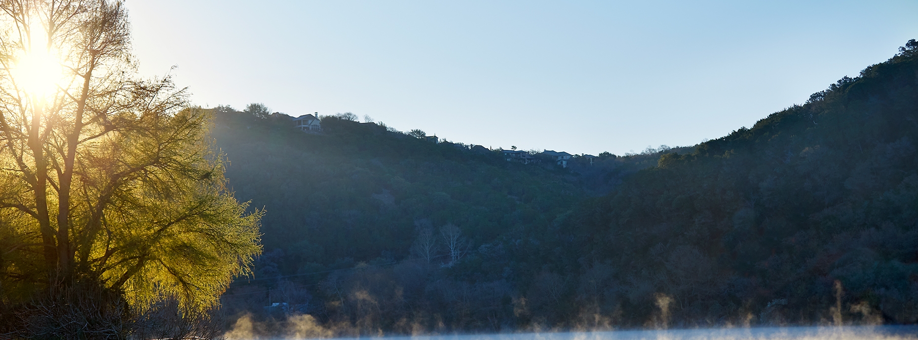 Sunrise on Lake with mist at Lake Austin Spa Resort