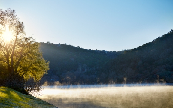 Sunrise on Lake with mist at Lake Austin Spa Resort