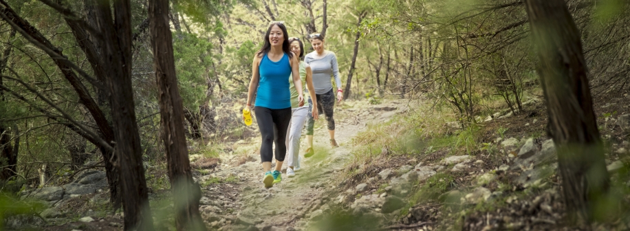 two women hiking in forest