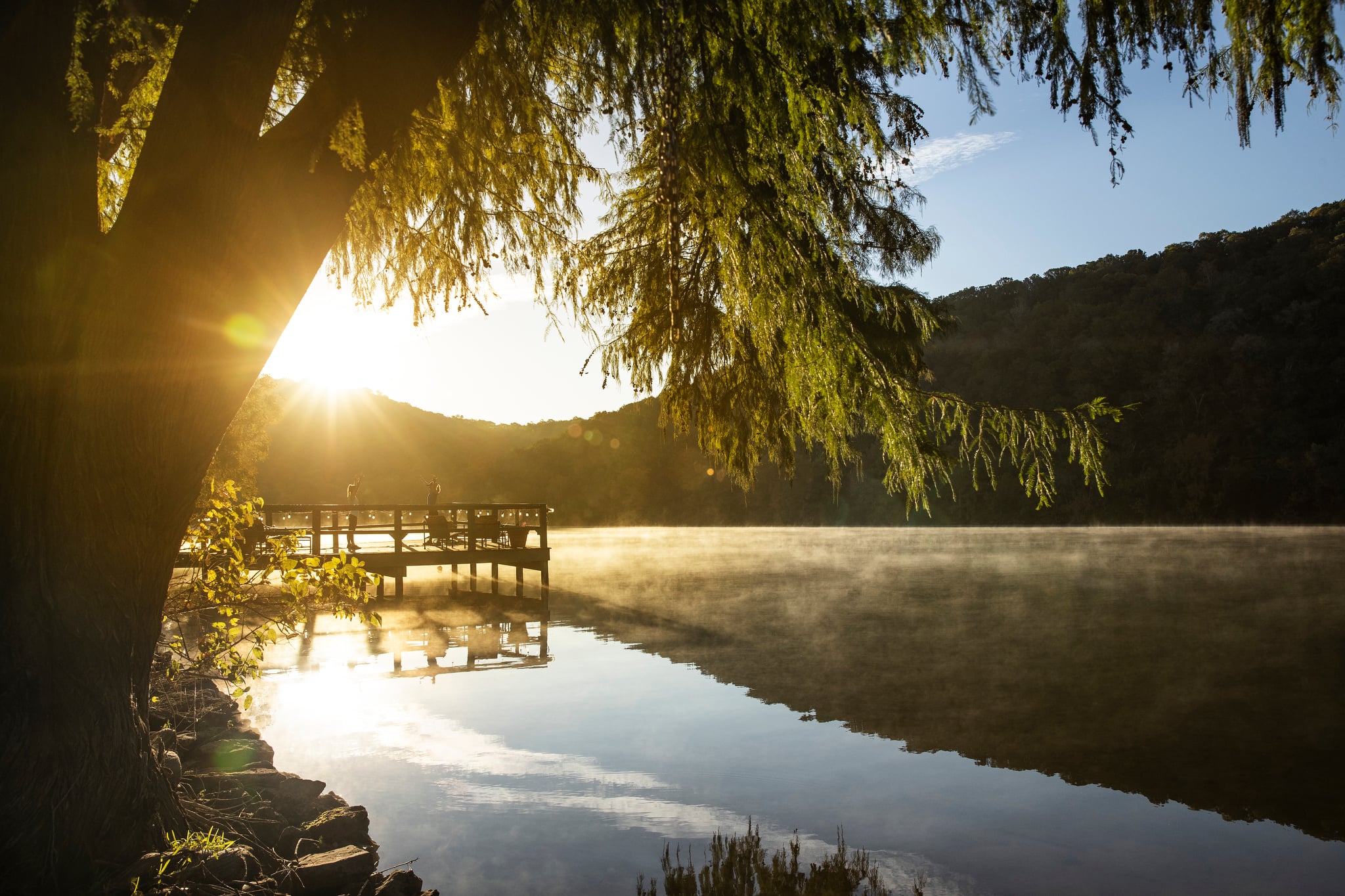 a serene lake scene with a dock and trees at sunrise or sunset